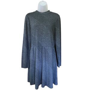 Society Girl Gray Mock Neck Ribbed Knit Long Sleeve Dress Sz L Dark Academia